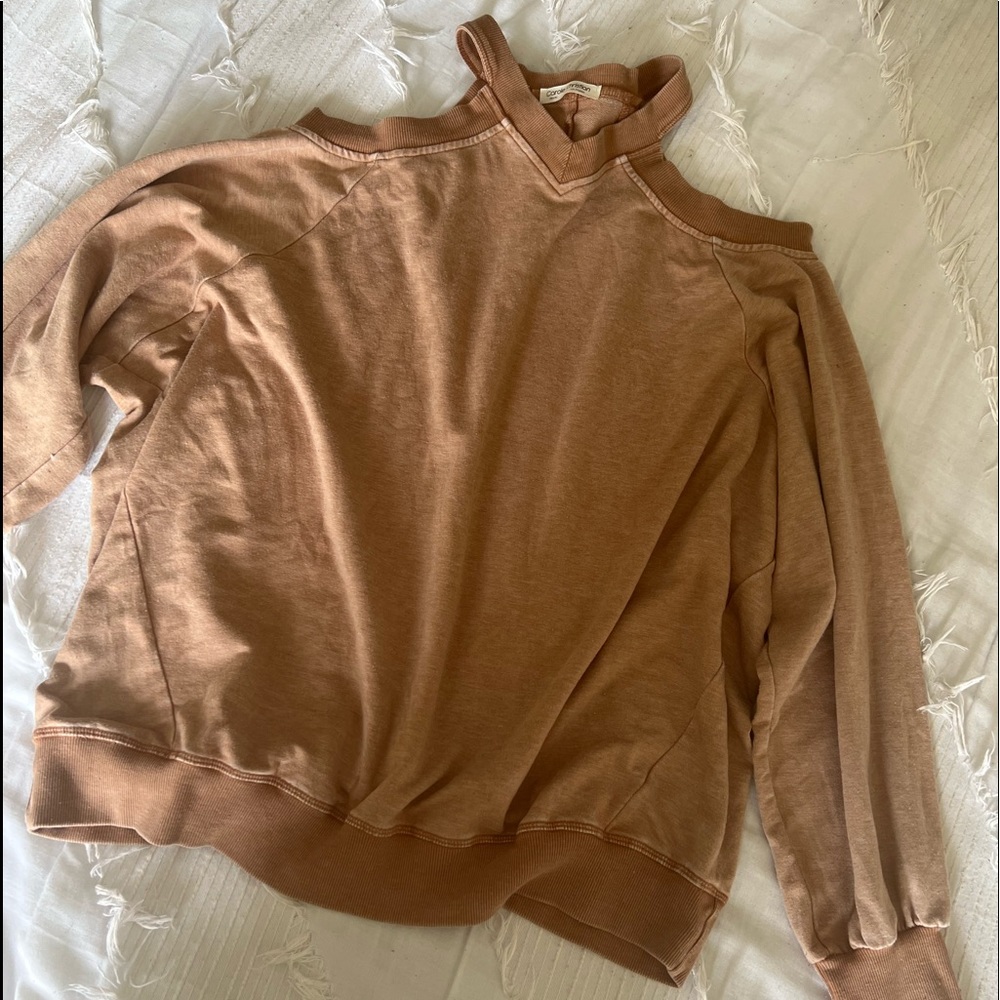 tan Carol Christian pullover with shoulder cutouts